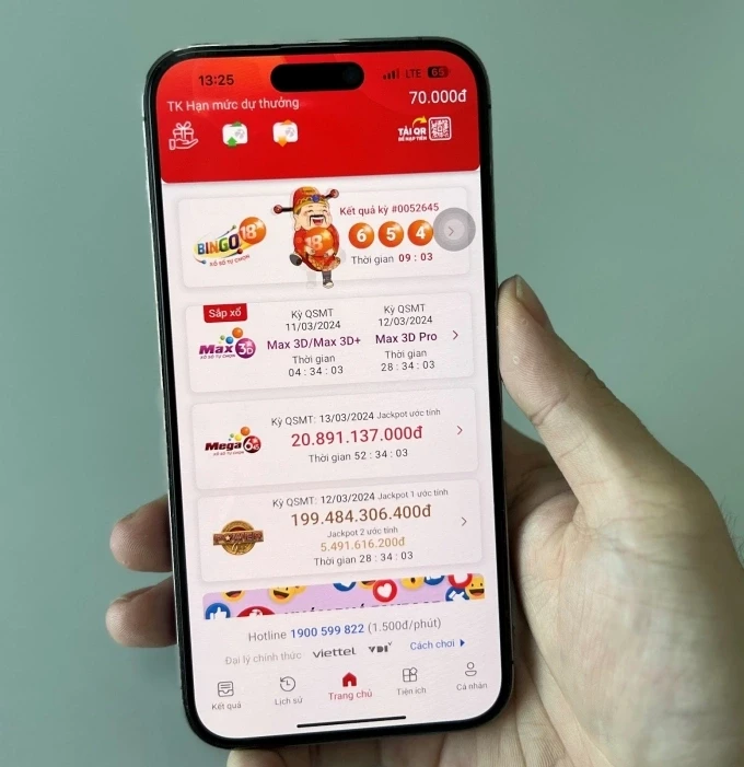 Giao diện kênh bán vé Vietlott qua app điện thoại. Ảnh: Vietlott