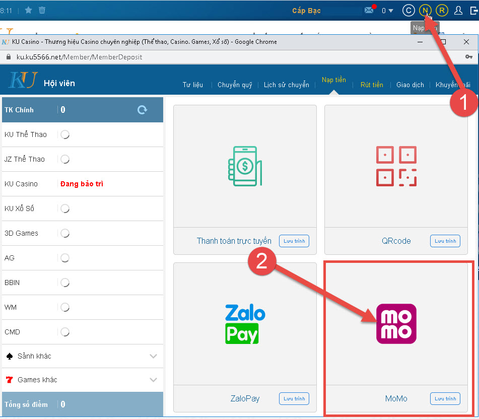 nạp tiền qua Momo trên máy tính