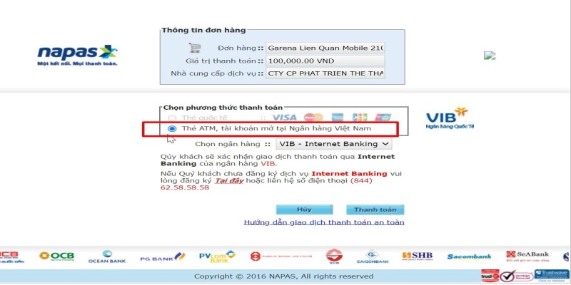 Nạp thẻ Garena qua Internet Banking